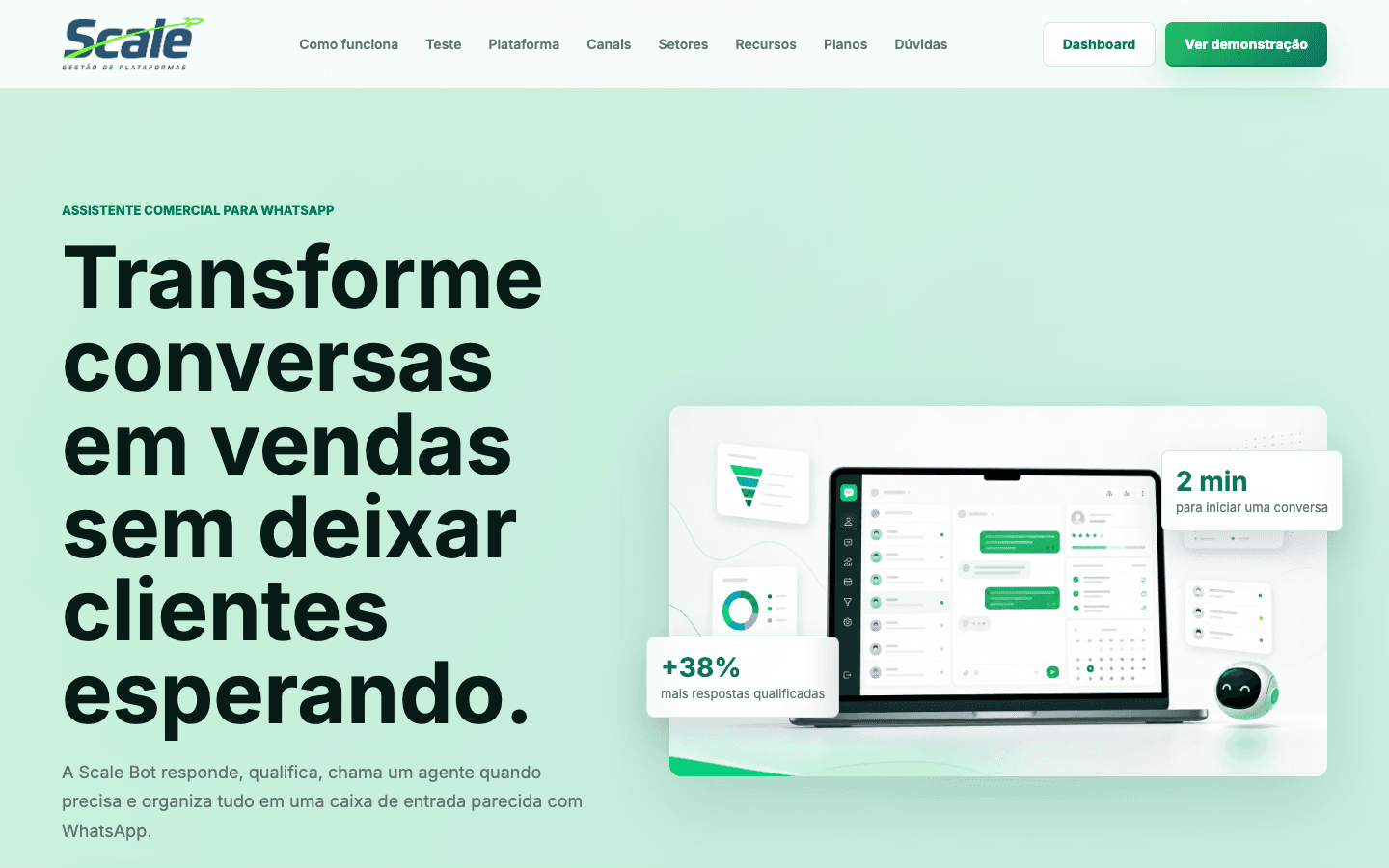Página inicial do site Scale, com o título Transforme conversas em vendas sem deixar clientes esperando.